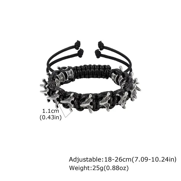 Bracelet ajustable en corde tressée avec épines de dragon gothique en métal pour hommes, bijoux punk