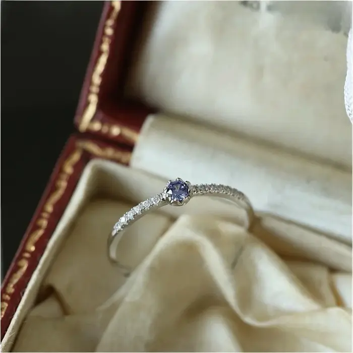 Bague ouverte bleue rêveuse, simple, élégante, rétro, avec tanzanite violette, polyvalente, minimali