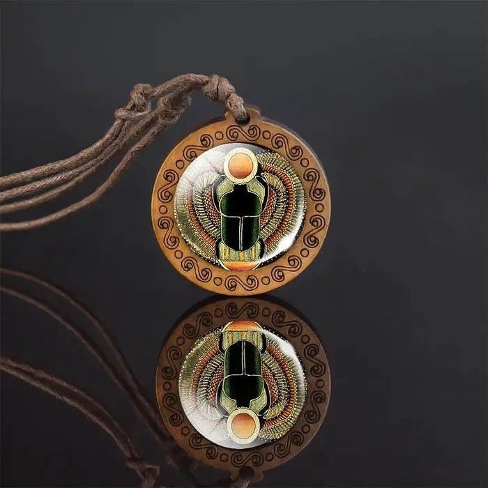 Collier avec Pendentif Ankh en Verre et Bois