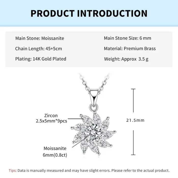 Rrjzz Parure de bijoux pour femme avec collier et boucles d'oreilles clous, Moissanite couleur D tai
