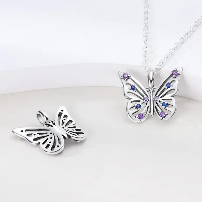 Collier pendentif en argent 925 serti de zirconium blanc avec forme de cœur et de papillon pour femmes bijoux d'anniversaire cadeau spécial