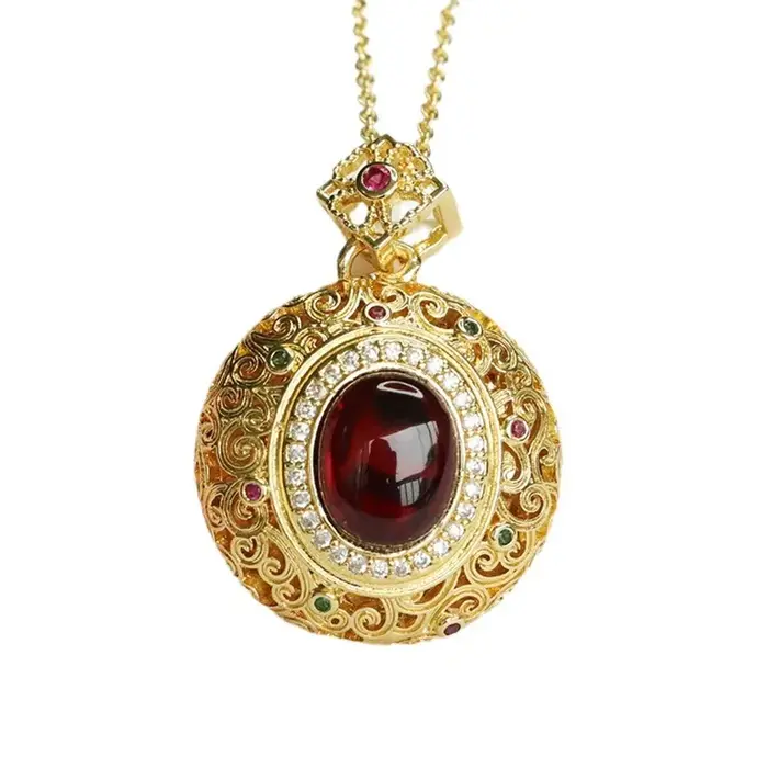 Collier pendentif en ambre de sang forme géométrique pierres semi-précieuses plaquées cuivre bijou homme femme vintage occassions spéciales