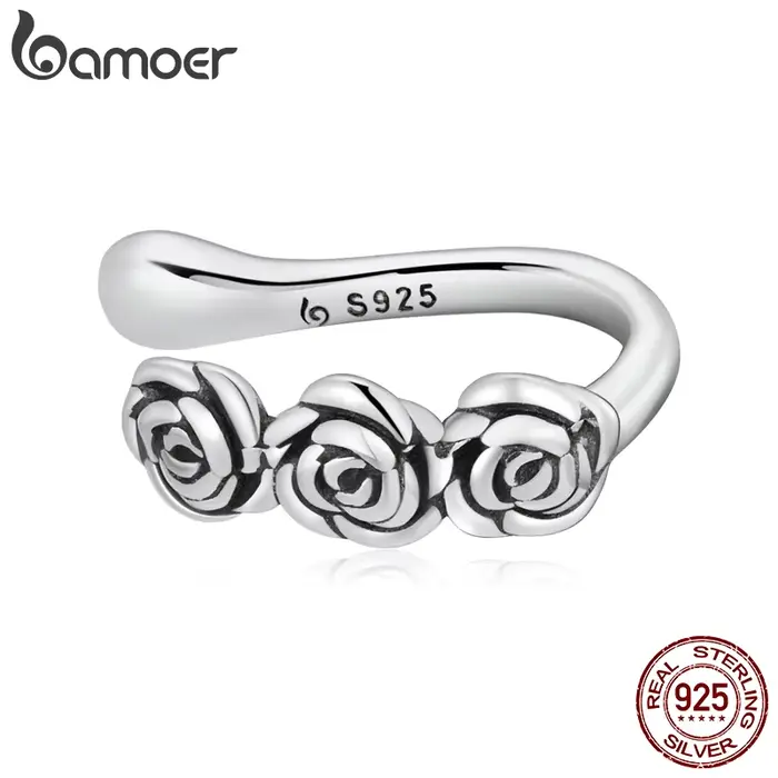 Bamoer 1 PC Vintage empilable Rose oreille manchette réel 925 en argent Sterling rétro fleurs oreill