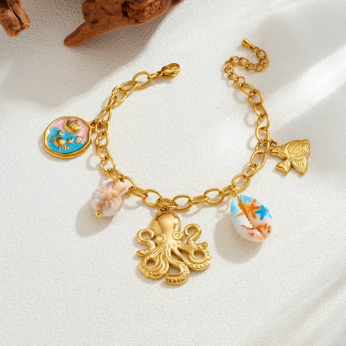Bracelet en acier inoxydable avec breloque pieuvre émaillée, bijou tendance pour femme et fille, idé