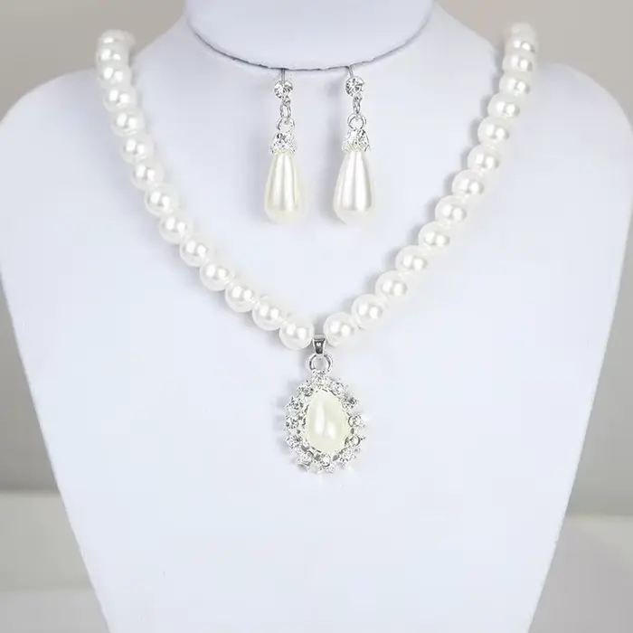 3 pièces/ensemble femmes mariée élégante fête de mariage perle strass collier boucles d'oreilles ens