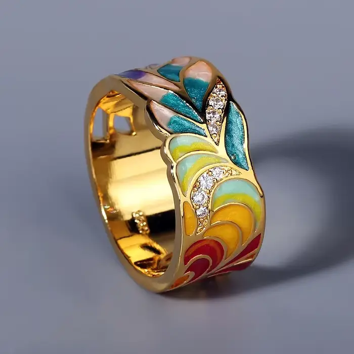 Bague plaquée argent 925 pour femmes, anneau de couleur dorée, plume, Zircon, bijoux de fête en émai