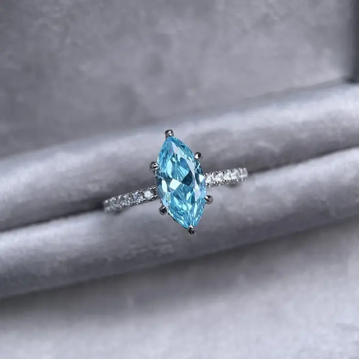 Wong Rain 925 argent Sterling Marquise coupe 6*12 MM aigue-marine haute teneur en carbone diamant gemmes bague de fiançailles pour les femmes bijoux fins