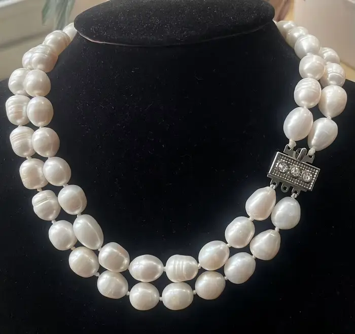Nouveau collier de bijoux grand 2 rangées 10-12mm riz Baroque blanc collier de perles de culture d'e