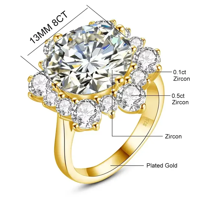 Bague Moissanite taille ronde massif 13mm 8ct, avec Certification, bijoux fins de mariage de luxe po