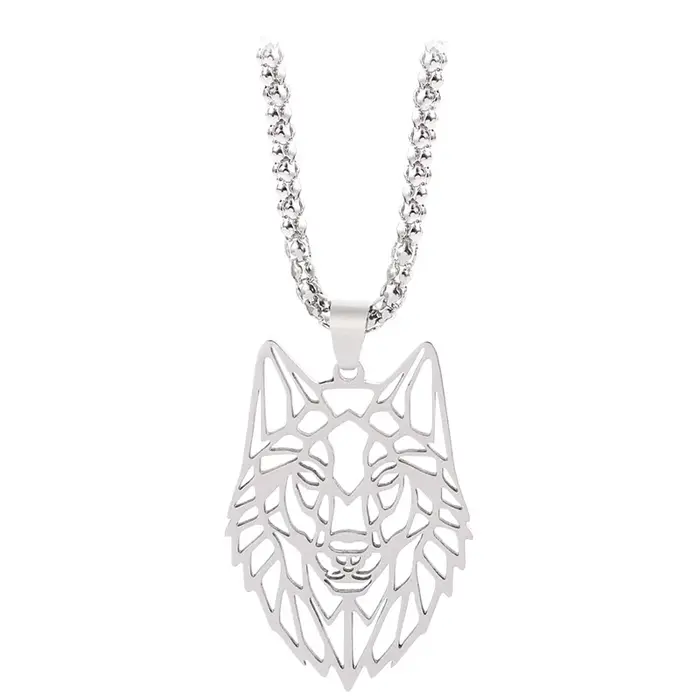 Collier tête de loup en acier inoxydable, pendentif Long unisexe, bijoux forêt creuse découpée, acce