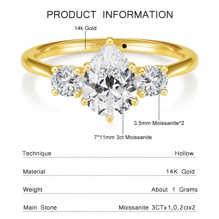 Bague en diamant Moissanite pour femme, or 14 carats, forme de larme, D VVl's, coupe brillante, véri