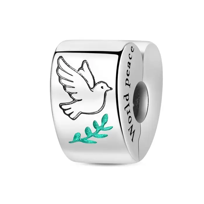 Breloque Perle Cœur Colombe de la Paix en Argent Sterling 925, Fermoir de Sécurité, Compatible Brace