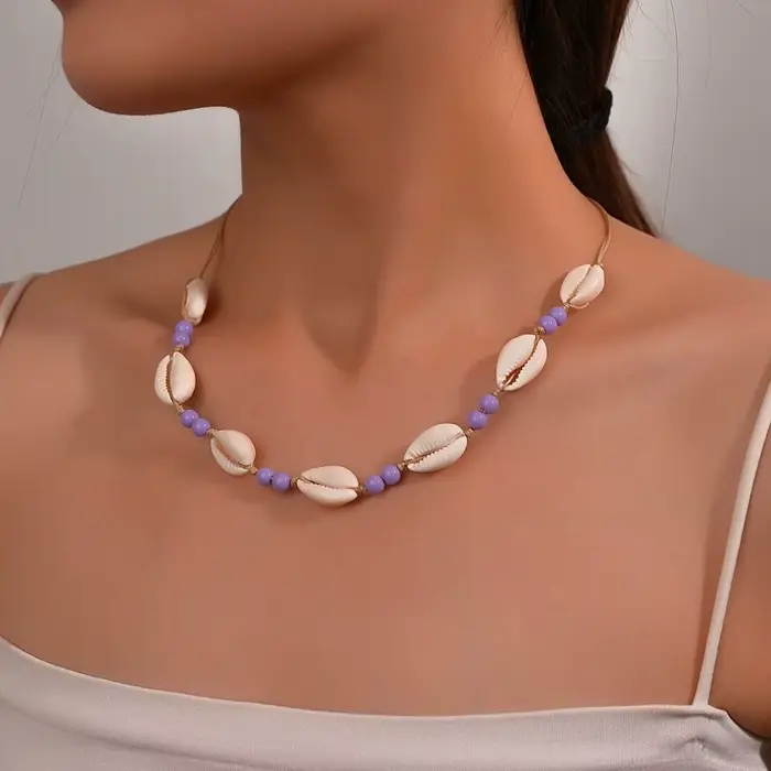 Nouveau collier de perles en coquillages ajustable, chaîne tressée en coquillages violet/bleu/rose/b