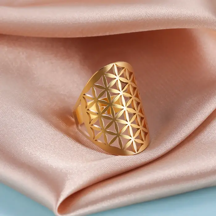 Bague Sacrée Fleur de Vie acier inoxydable plaqué or or rose pour femmes occasions spéciales mariage anniversaire engagement