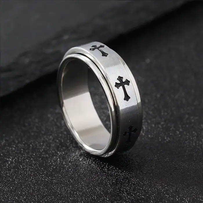 Bague croisée rotative en métal pour hommes et femmes, couleur argent, en acier inoxydable, Punk gothique, accessoires simples, bijoux chrétiens, cadeau
