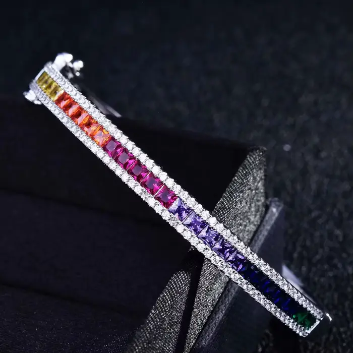 Bracelet manchette plaqué platine, zircone cubique, dégradé arc-en-ciel, bijoux cadeau pour femmes, bijoux de luxe pour anniversaire de mariage