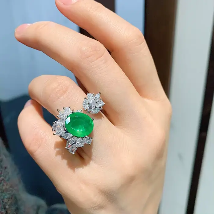Bagues de luxe pour femmes, anneau ouvert en émeraude Paraiba à la mode, bijoux de mariée, tampon en