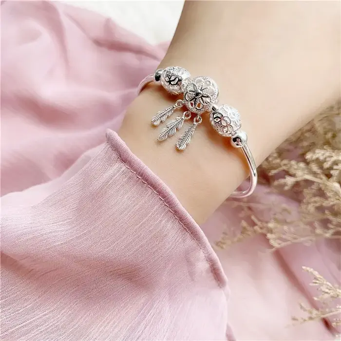 Bracelet en argent Sterling 925 attrape-rêves perles feuilles pompon élégant pour femmes occasions spéciales cadeau