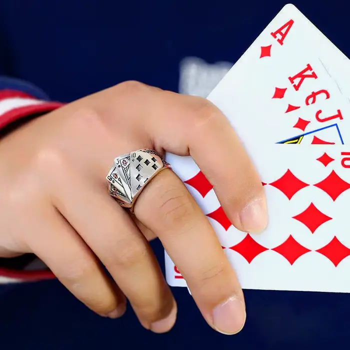 Bague de poker rétro Royal Flush pour hommes punk gothique rock hip hop annelé ouvert bijou de créateur unisexe artisanal occasion party