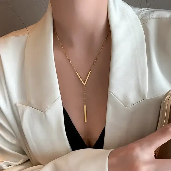 Collier clavicule Long et Sexy en forme de V pour femmes, couleur or, chaîne à Long cou, pendentif b