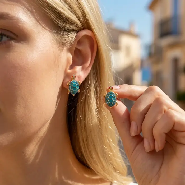 Boucles d'oreilles clous tortue animale mignonne pour femme, émail bleu, strass, petite tortue, pois