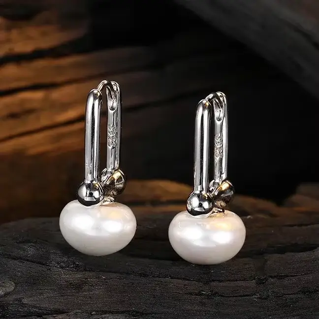 Boucles d'oreilles créoles en perles couleur argent pour femmes, style géométrique minimaliste, accessoires de mode vintage