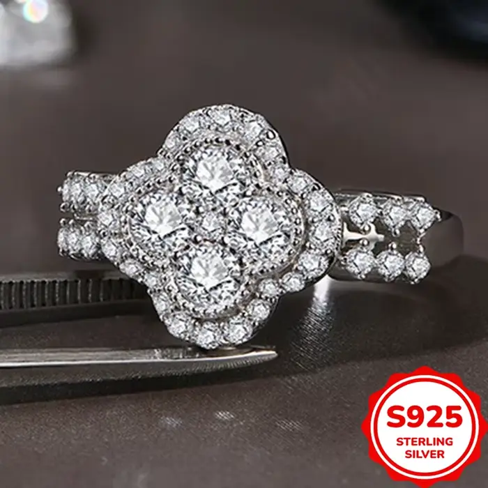 Bague en or blanc 18 carats plaqué or avec diamant, bijoux fins à quatre feuilles pour femmes, argen