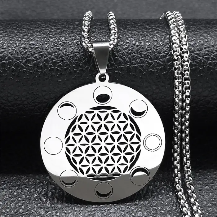 Collier pendentif fleur de vie géométrie sacrée pour hommes et femmes, acier inoxydable, document en