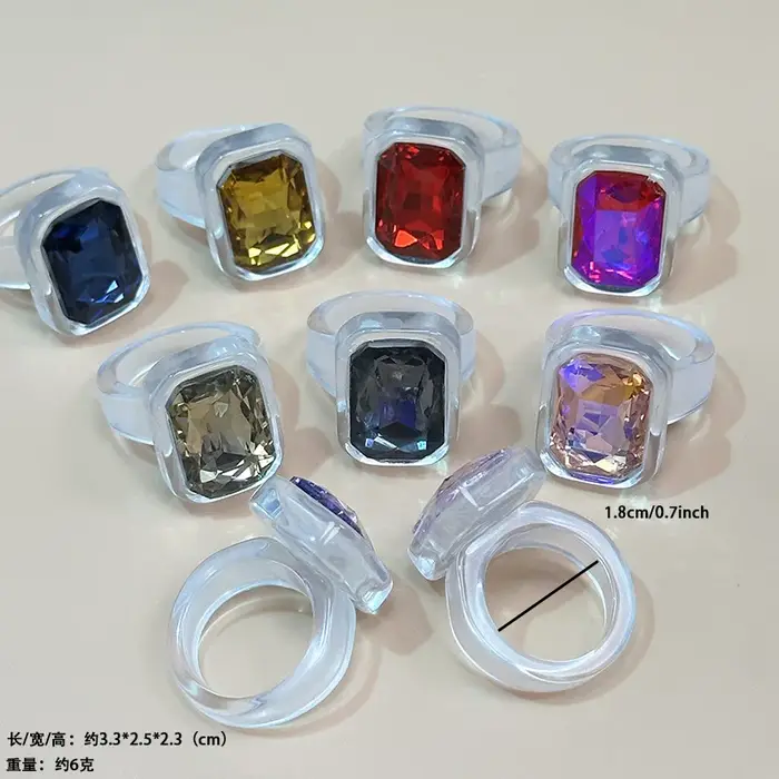 Nouvelle bague punk carrée rectangulaire en résine incrustée de diamants