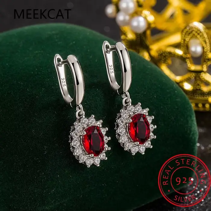 Boucles d'oreilles ovales en argent Sterling 925, rubis rouge créé de 1,9 ct, princesse Diana, bijou