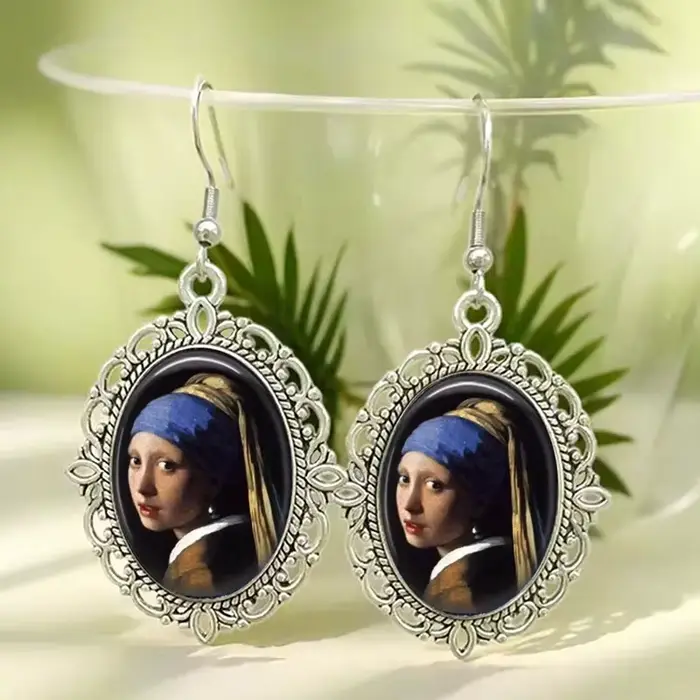Boucles d'oreilles Vintage Vermeer Girl With A Pearl Earring, en verre, bijoux ovales à suspendre po