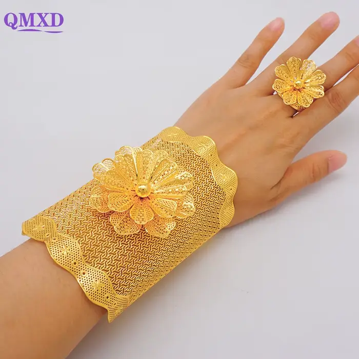 Bracelet couleur or dubaï avec bague pour femmes, grand Bracelet plaqué or 24 carats, afrique, inde,