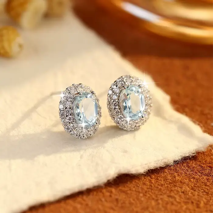 Boucles d'oreilles en argent Sterling 925 avec topaze bleue pour femmes, coupe ovale, cristal naturel, bijoux fins classiques, cadeau de mariage FCGJHW