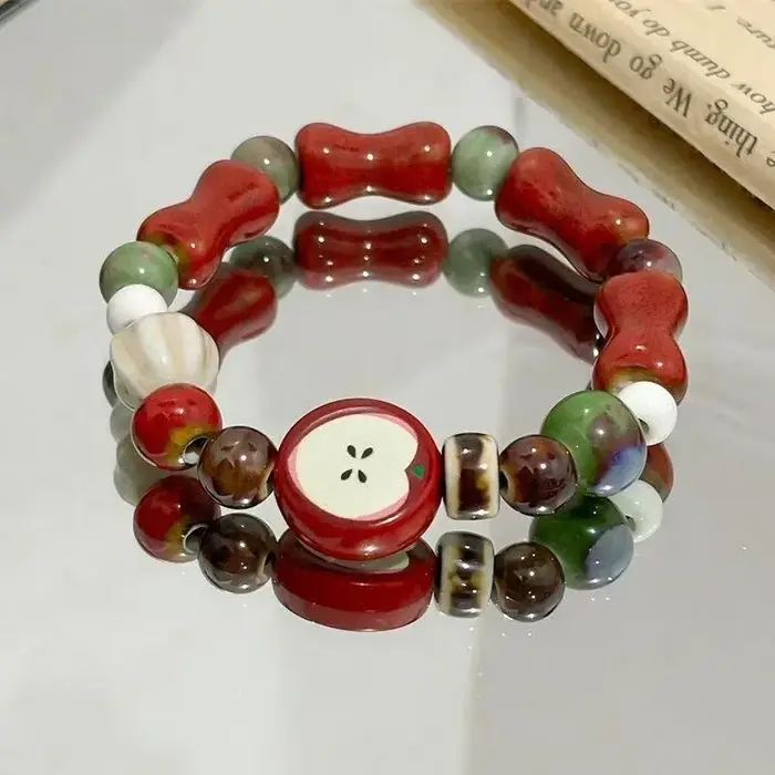 Bracelet en céramique de perles d'os de fruits multicolores fait à la main pour femmes, extensible, bijoux ethniques Boho pour occasions spéciales