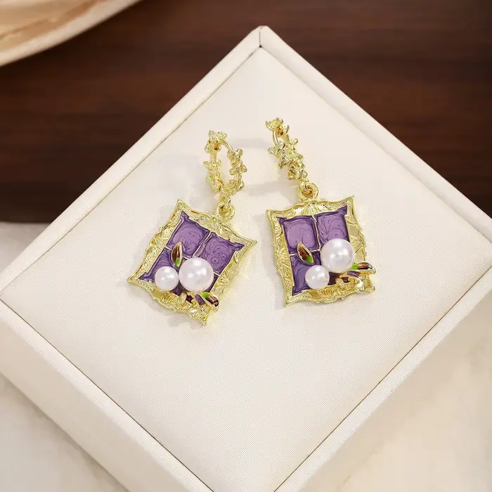 Boucles d'oreilles en perles style peinture à l'huile Jardin de Monet, violettes, pour femmes, bijou