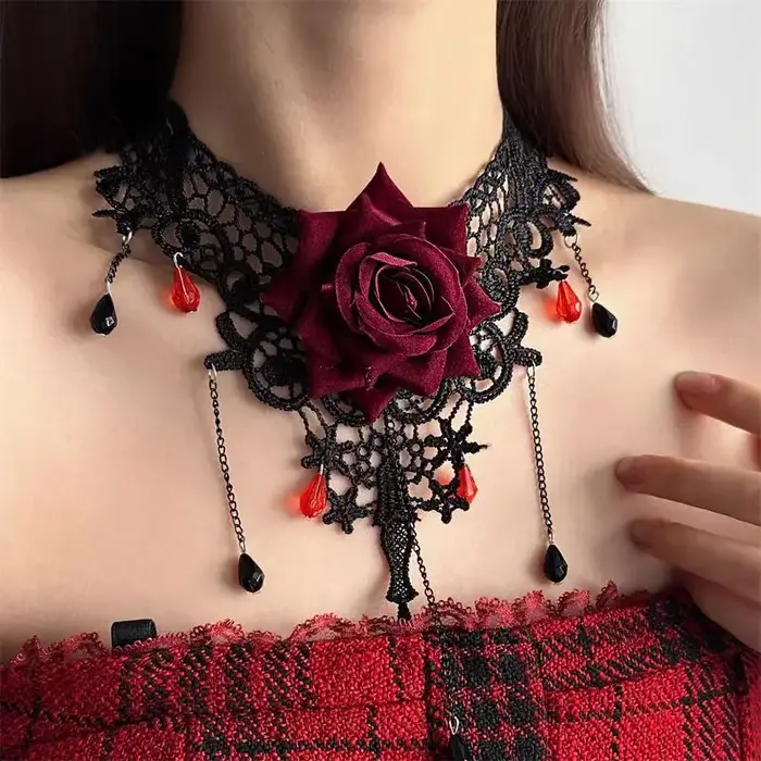 2025 Collier rose en dentelle Dark Romance - Bijoux gothiques d'Halloween pour femme