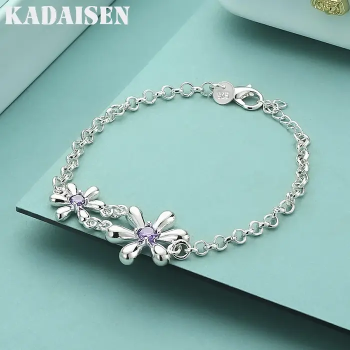 Bracelet en argent Sterling 925 avec double fleur en Zircon pour femmes, bijoux de charme à la mode 