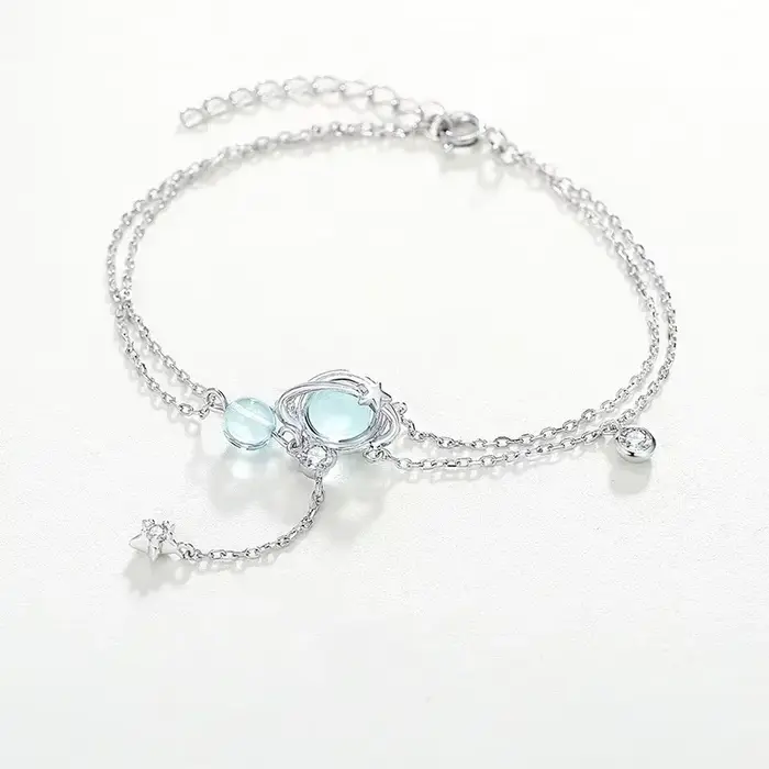 Double Bracelet en argent Sterling 925 de 19CM, aigue-marine incrustée de cristal, bijoux tendance f