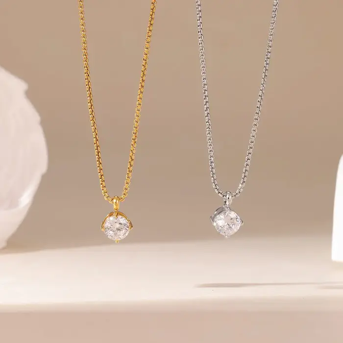 Collier pendentif solitaire en acier inoxydable – Bijoux minimalistes incrustés de cristal doré/argent pour femmes