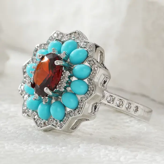 Bague Vintage de Luxe Léger en Forme de Fleur avec Incrustation de Turquoise Synthétique et Zircon, 