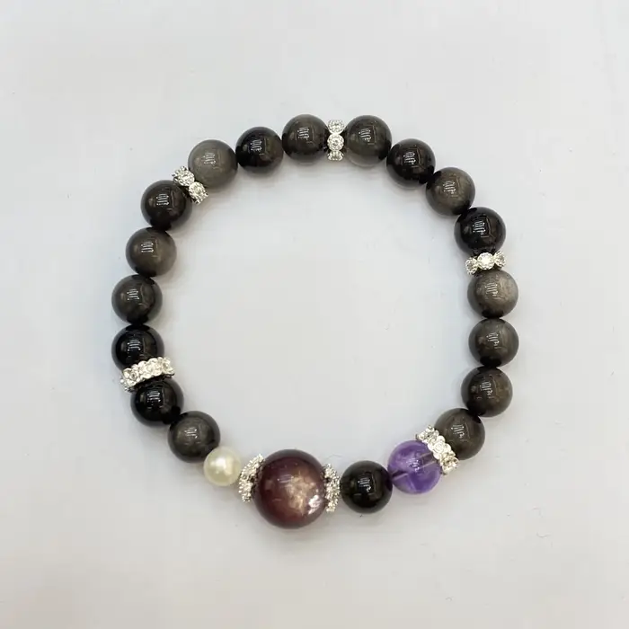 Bracelet en lépidolite violette naturelle pour femmes, grande perle et obsidienne en argent, élastiq