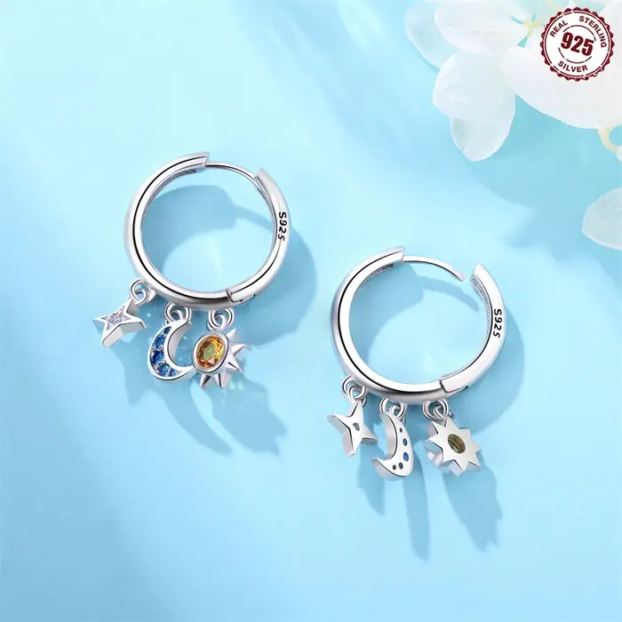 Boucles d'oreilles à pampilles de lune et de soleil en forme d'étoile en argent sterling 925
