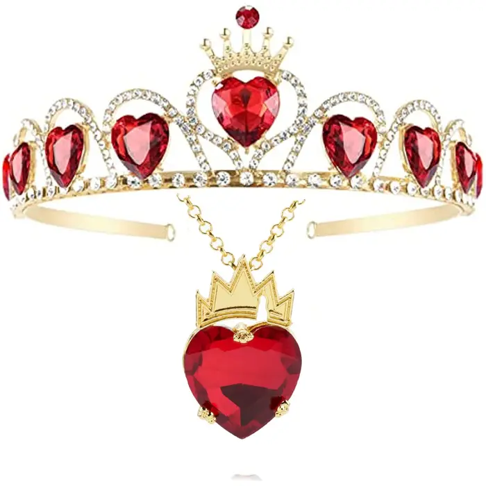 Evie Royal Red Heart Collier Diadème Descendants Coeur Rouge Couronne Ensemble de Bijoux Reine de Coeurs Eive Costume pour Fille Adolescente Halloween