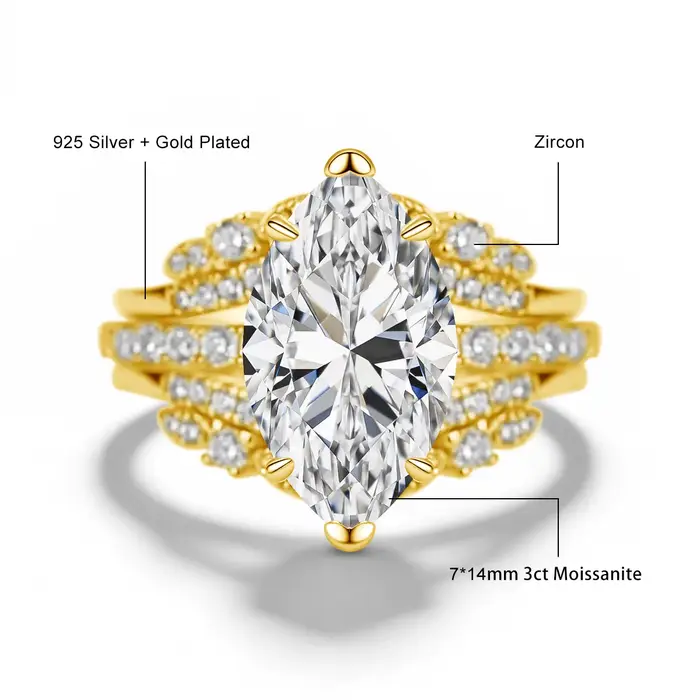 Ensemble de bagues de fiançailles Halo pour femmes, argent sterling 925, moissanite taille marquise,