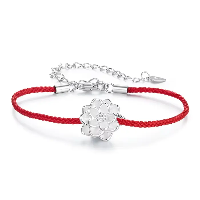 Bracelet Lotus en argent sterling 925 Bamoer, bracelet chaîne en coton noué en corde rouge délicate 