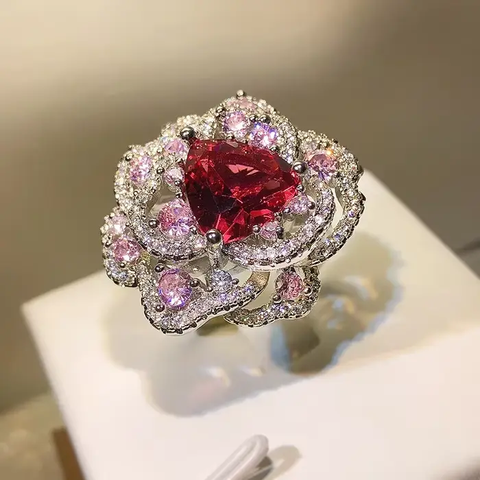 Bague de mariage luxueuse en argent 925, fleur en pierre rouge Rose, rubis exquis, zircone cubique, 