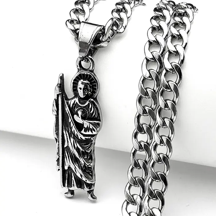 Collier pendentif Vinatge San Judas Tadeo pour hommes et femmes, en acier inoxydable, couleur argent