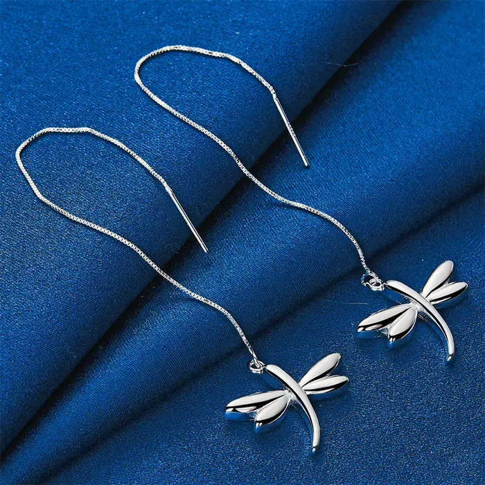 Boucles d'oreilles longues en argent sterling 925 avec motif libellule, charmantes et exquises, pour femmes, bijoux élégants pour cadeau de mariage