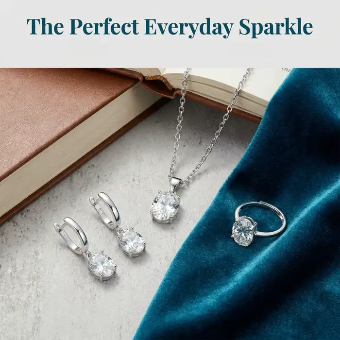 Ensemble de bijoux pour femmes en argent sterling 925 : bague ovale en zircon taillée en diamant, collier, boucles d'oreilles - Accessoires et cadeaux de luxe