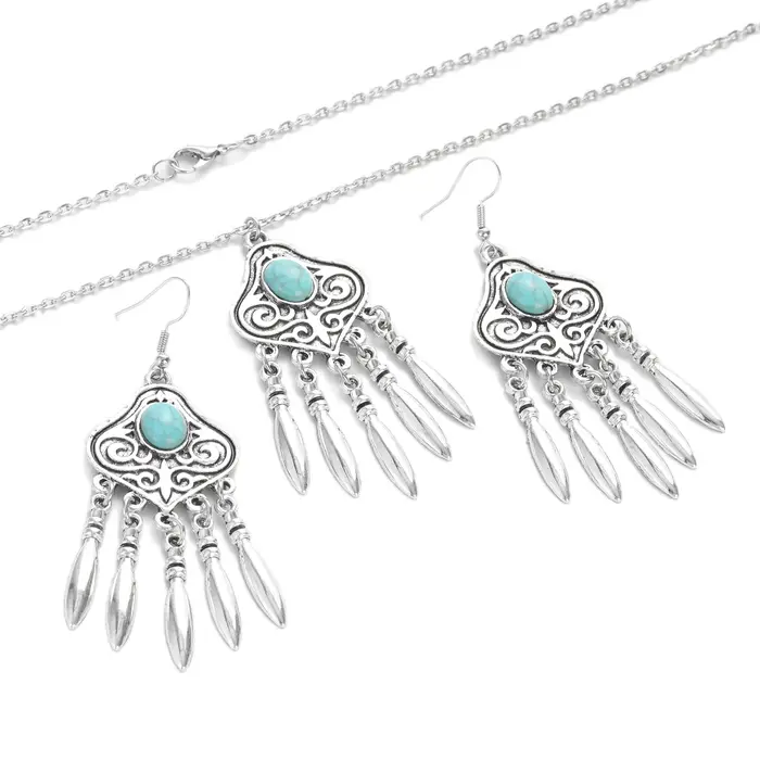 Ensemble de bijoux ethniques indiens pour femme plaqué argent boucles doreilles géométriques collier pampilles turquoises bleues occasions spéciales engagement